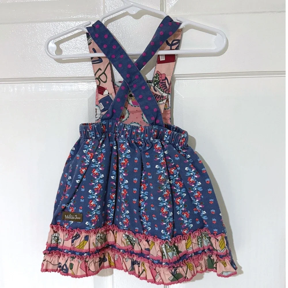 Matilda Jane Girls Blue Polka Dot‎ Floral Pinafore Dress Ruffle Hem 12-18M